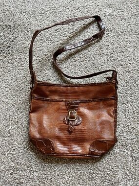 Textured Brown Leather Crossbody Bag with Buckle Accent